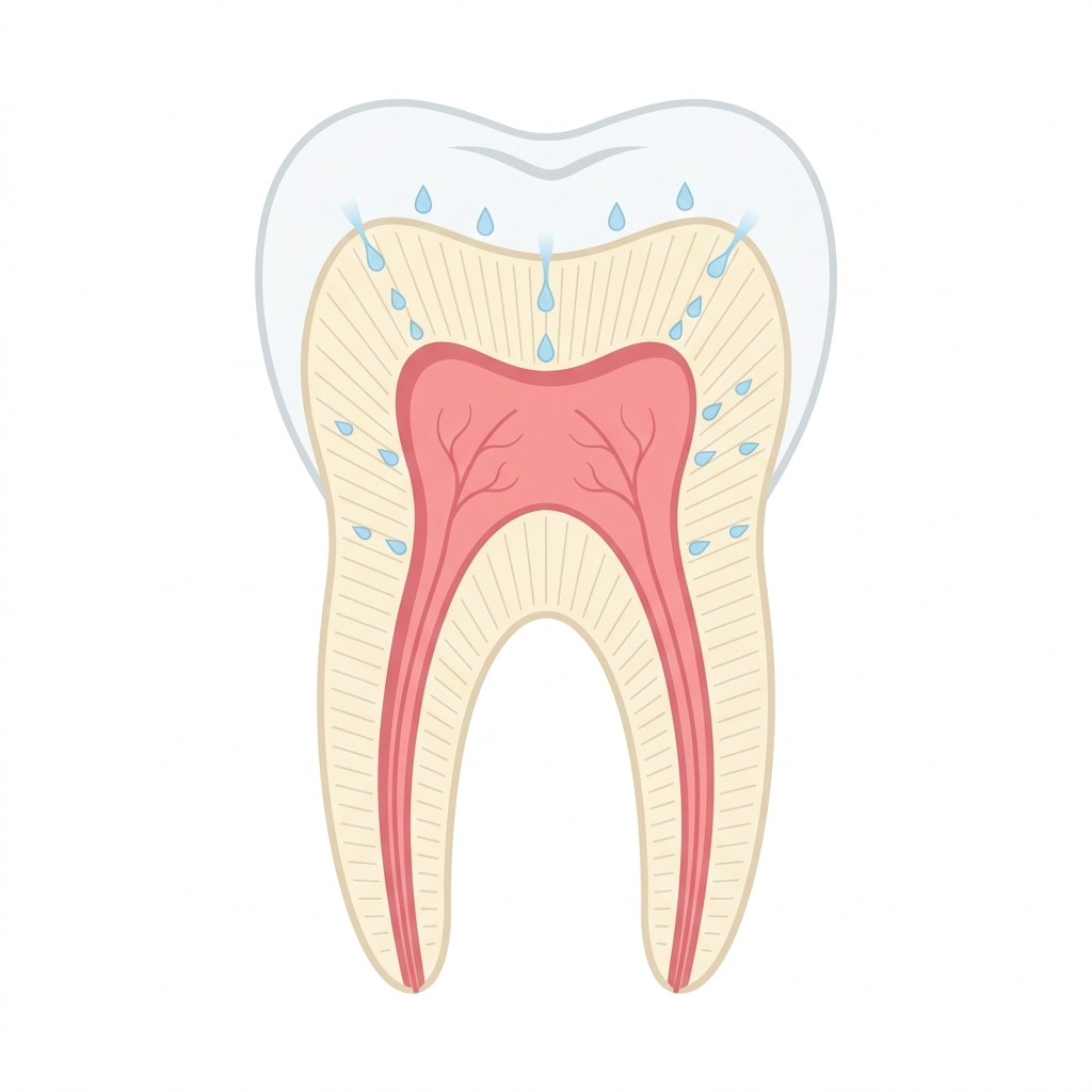 Cross-section of a tooth showing hydrogen peroxide passing through enamel and dentine toward the nerve