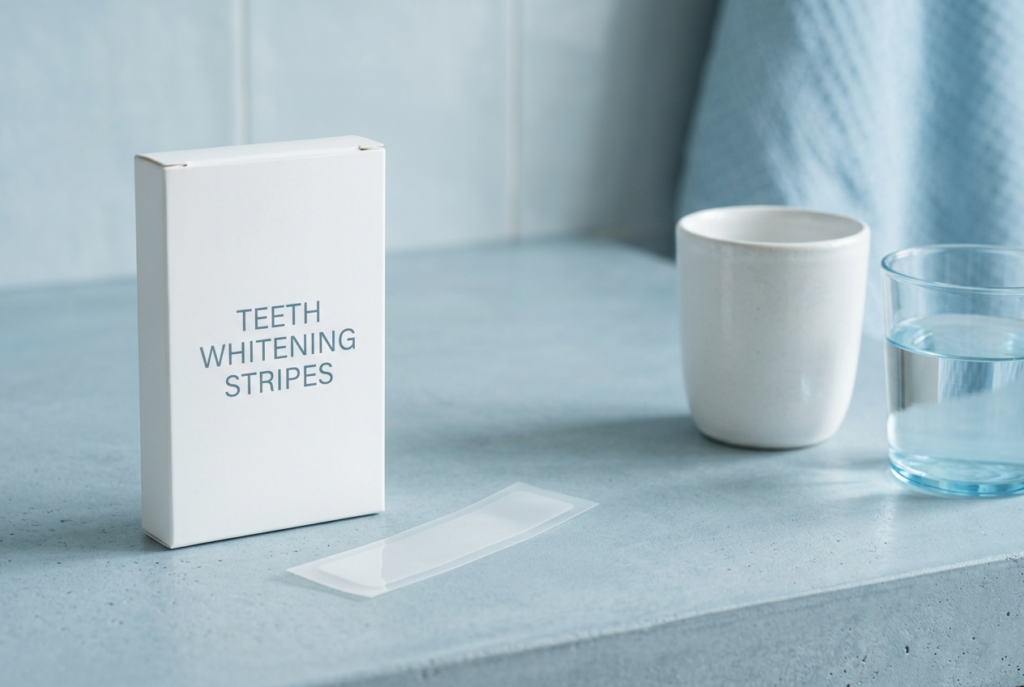 A whitening strip on a bathroom counter beside a glass of water