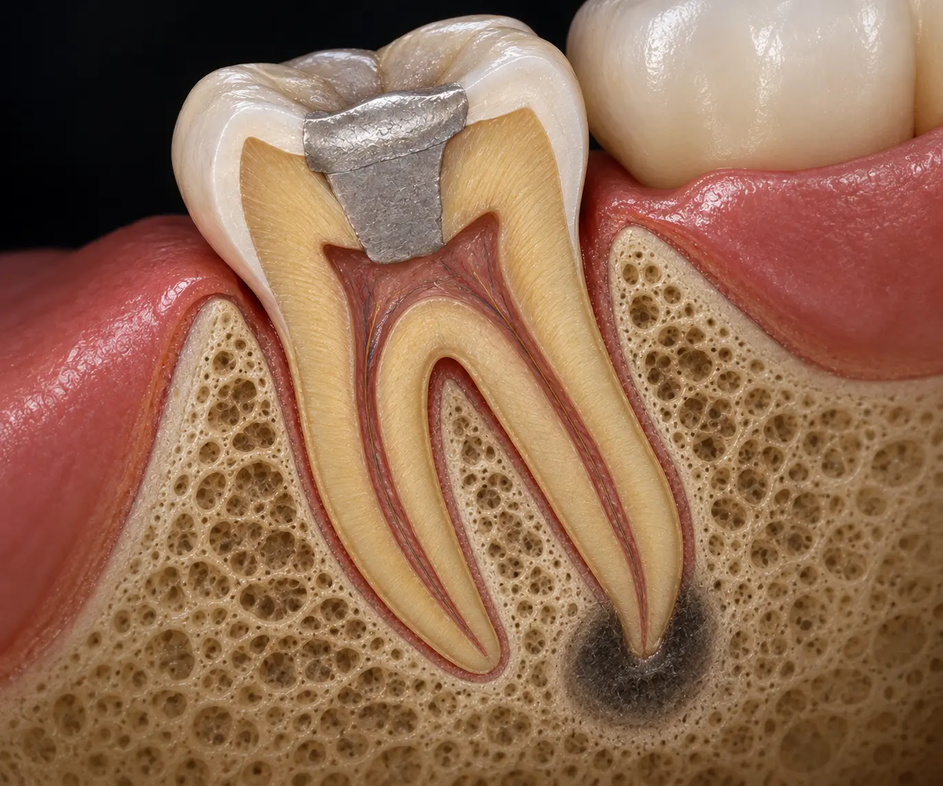Cross section of a tooth showing decay under a filling and infection at the tip of the root