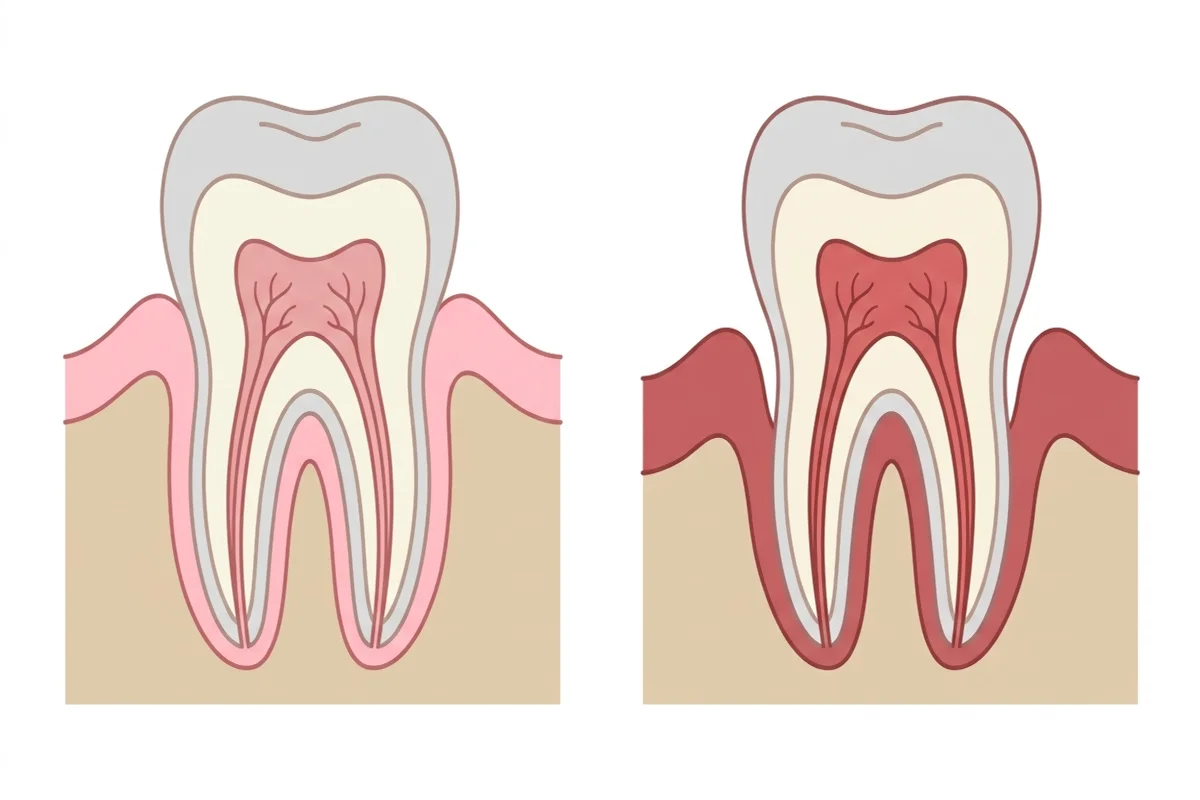 Cross-section comparing a healthy tooth with normal bone level to one with gum recession and bone loss