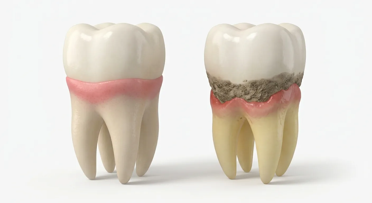 Illustration comparing a healthy tooth with gum covering the root against a tooth with gum recession exposing the bare root surface