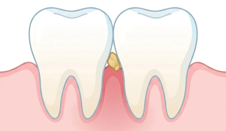 Food debris trapped between two teeth with the gum below it inflamed