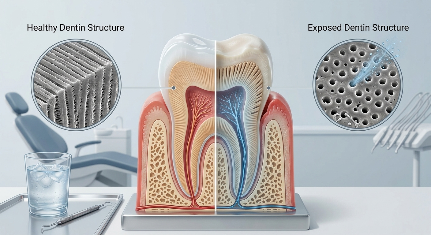 Illustration comparing healthy dentin with exposed dentin, where open channels let cold reach the nerve