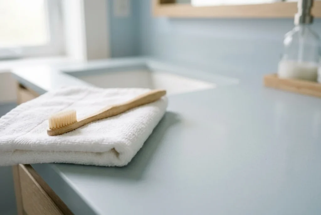 A soft-bristled toothbrush resting at an angle on a folded white towel