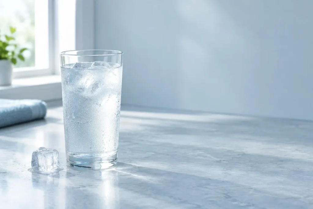 A glass of ice water on a bathroom countertop, representing cold sensitivity after a dental cleaning