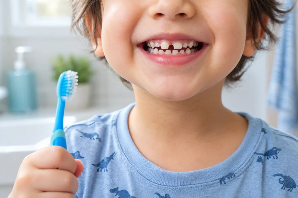 A young child smiling, showing small gaps between the baby teeth